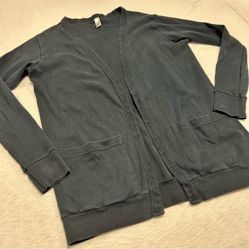 American Apparel Black Cardigan Sweater Size XS Pockets FLAW - Picture 2 of 6